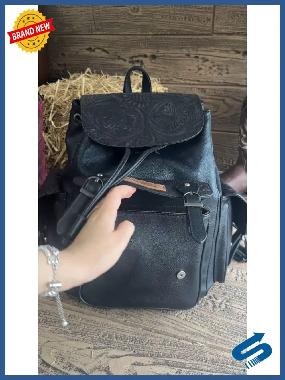 Floral Tooled Western Backpack with Drawstring & Magnetic Closure, Real Leather